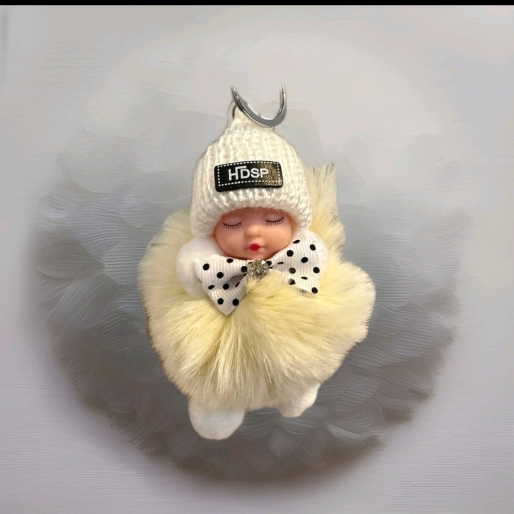 Baby Sleeping Keychain/ Bag Charm With LOVE Tag, Faux Plush Rabbit Fur-Cream